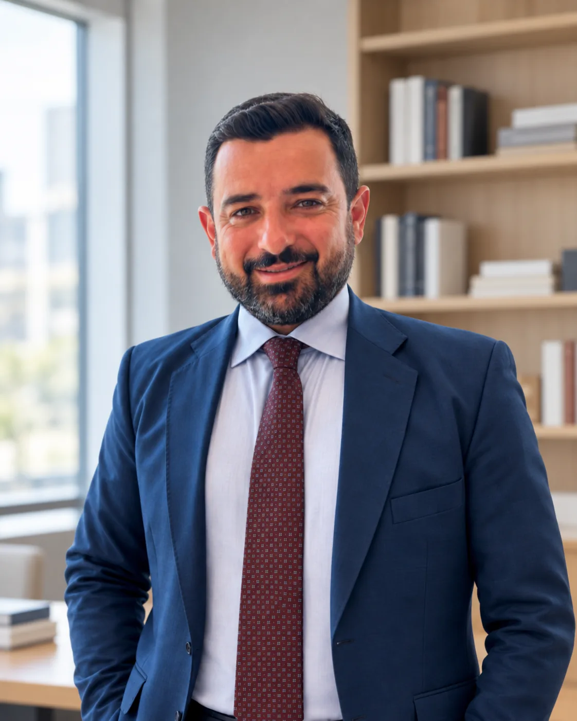 Montagem do retrato de Vagner Monferrer Gonzales, CEO da Vionex Med, em uma biblioteca de escritório